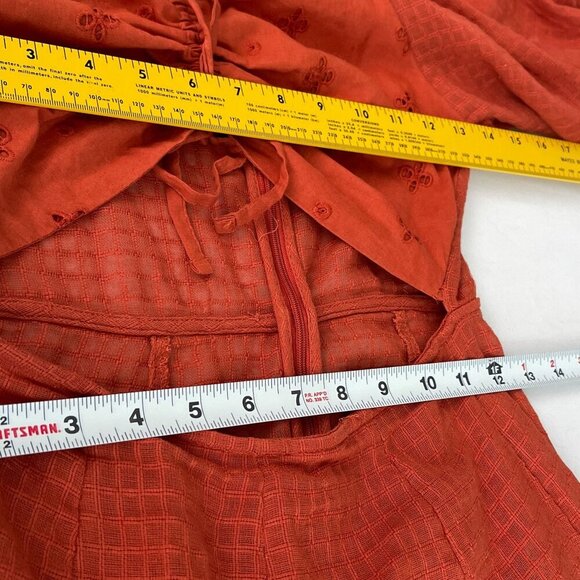 ASOS Eyelet Textured Ruched Tie Cutout Burnt Orange Puff Sleeve Playsuit Women 2 - Picture 9 of 12
